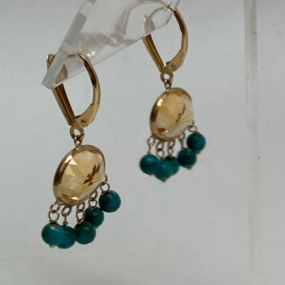 14K Yellow Gold Bezel Citrine and Turquoise Bead Dangle Leverback Earrings - Picture 7 of 15